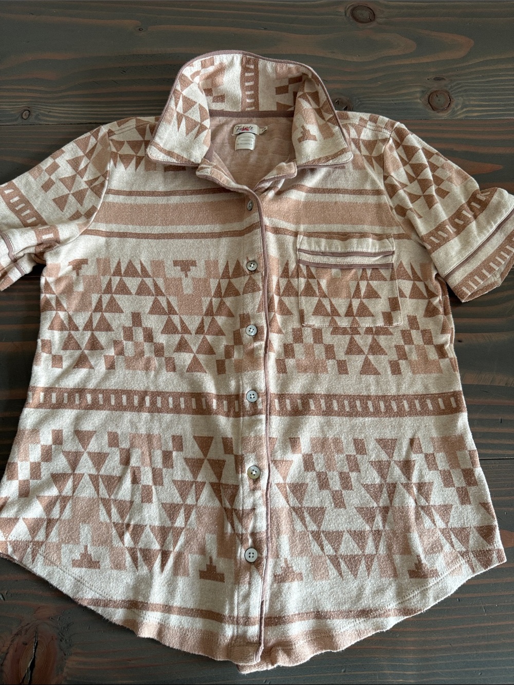 Casual Short-Sleeve Button-Up Shirt - Taupe/Off-White